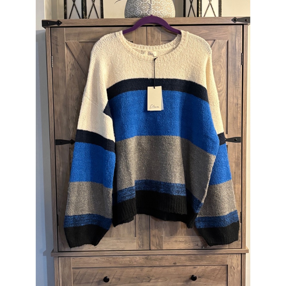 Elan Womens Colorblock Striped Oversized Knit Crewneck Sweater Blue Cream M NWT